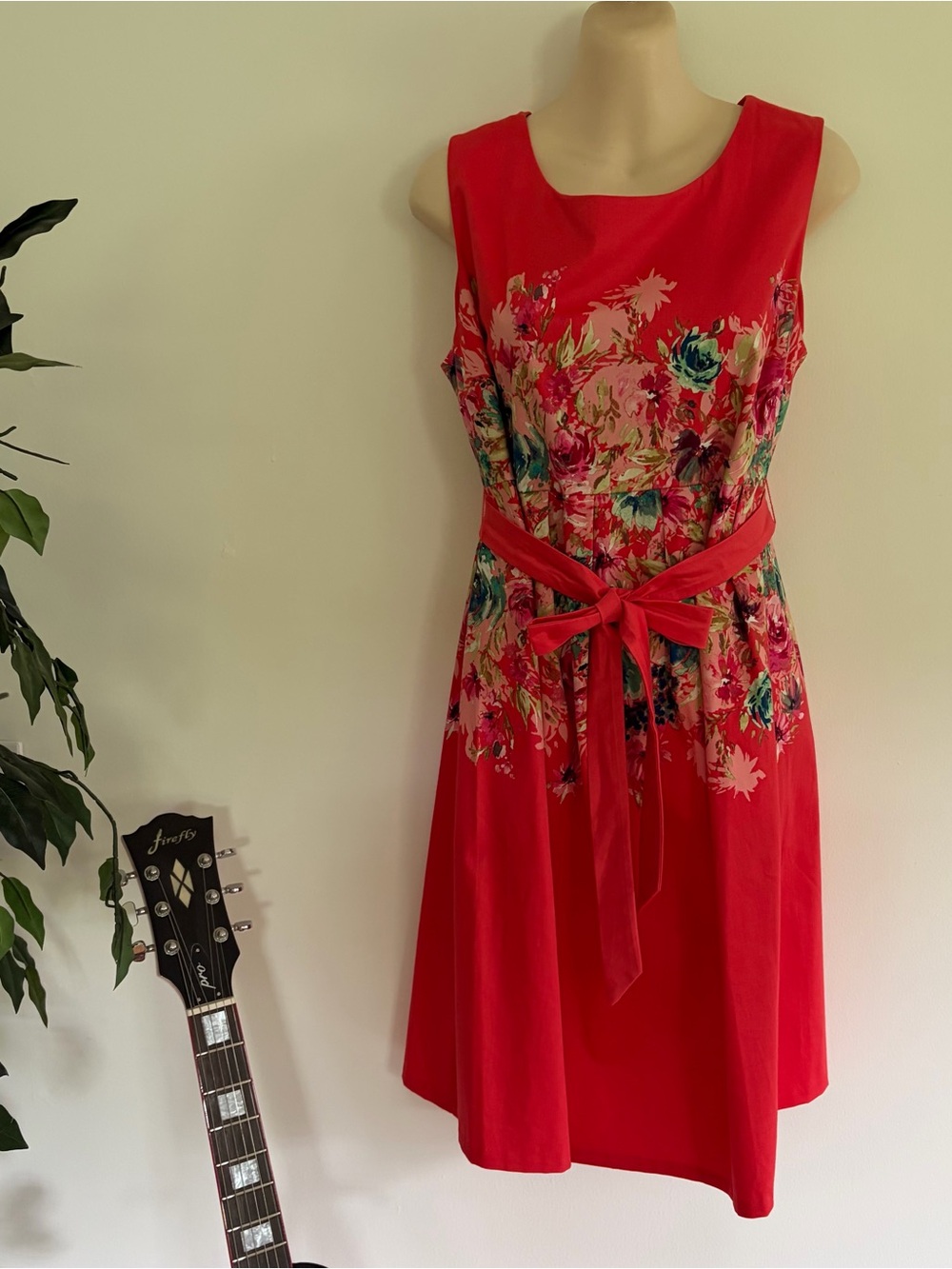 Motherhood Dark Pink Coral Floral Tie-Waist Midi Dress Stretch Sz Medium